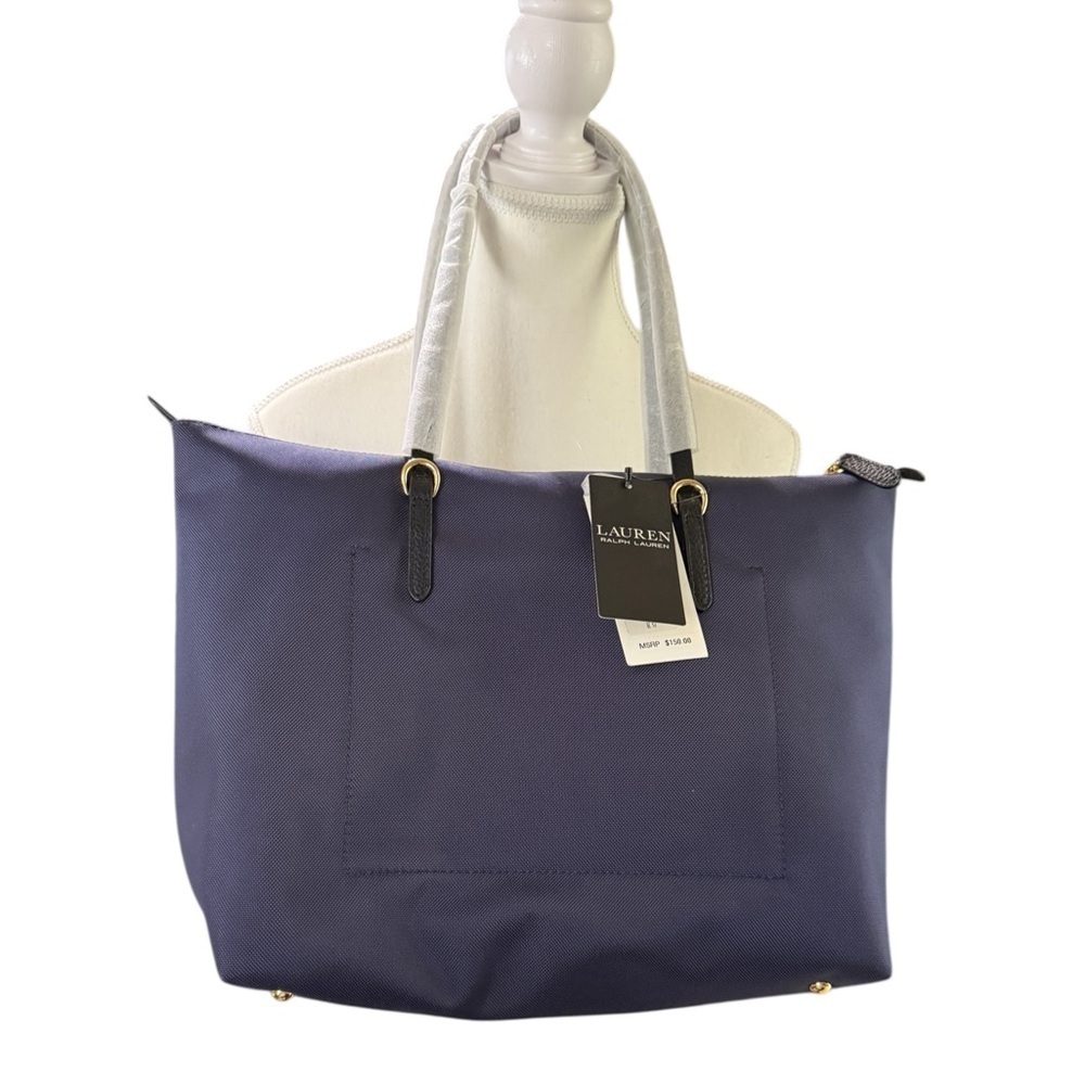 Lauren Ralph Lauren Navy Blue Tote Bag, Water-Resistant Fabric with Leather Trim - Picture 2 of 6